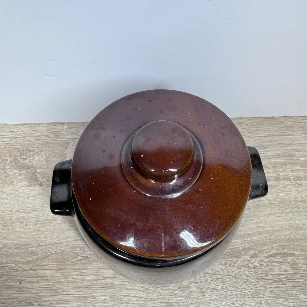 West Bend Bean Pot Stock Pot with Lid Brown Glazed Stoneware USA